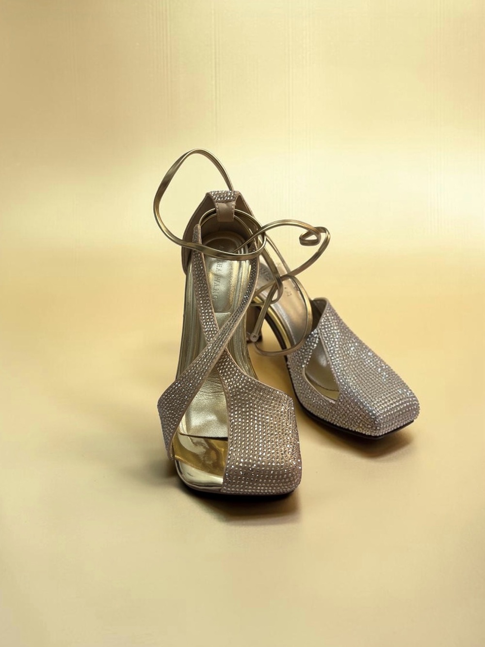 AKIRA Rhinestone Ankle-Tie Evening Heels in Champagne